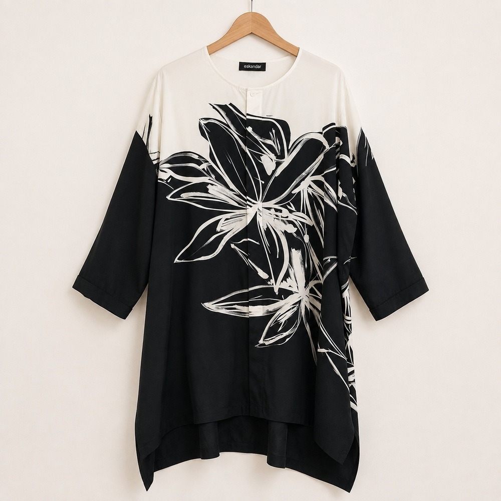 NWT eskandar Silk Floral Tunic Top Women 1 Black Oversized Drapey Luxe Lagenlook